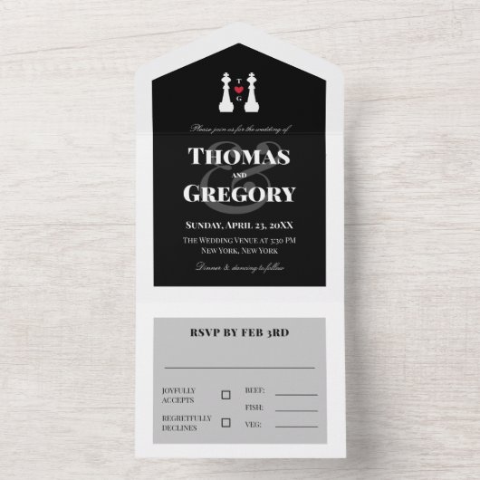 Invitation Tout En Un White King Chess Pièces Gay Mariage (À l'intérieur)