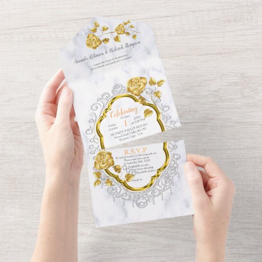 Invitation Tout En Un White with Gold lace and Roses (Déchirure)