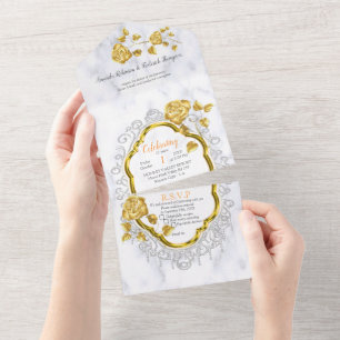Invitation Tout En Un White with Gold lace and Roses