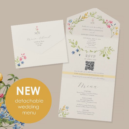 Invitation Tout En Un Wildflower Menu Ivory Wedding