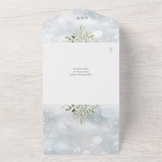 Invitation Tout En Un Winter Greenery QR Code Monogramme Mariage (Dehors)
