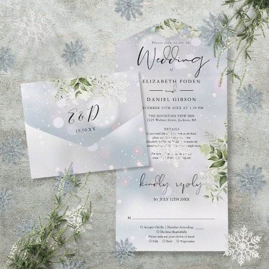 Invitation Tout En Un Winter Neige vert Détails Floral RSVP Mariage