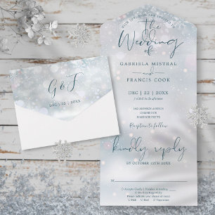 Invitation Tout En Un Winter Wonderland Élégant Script Mariage de neige