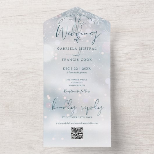 Invitation Tout En Un Winter Wonderland QR Code Mariage de neige (À l'intérieur)