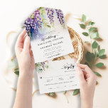 Invitation Tout En Un Wisteria Romantic Garden Party Mariage bleu violet<br><div class="desc">Une aquarelle fantaisiste représentant des plantes de glycine, surplombée dans un jardin luxuriant et magnifique, décore cet automne d'été en un seul faire-part de mariage sur le thème de la fête du jardin. Une invitation élégante et moderne pour un mariage extérieur ou un cadre romantique, c'est le sceau parfait et...</div>