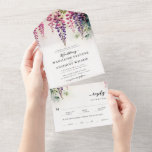 Invitation Tout En Un Wisteria Romantic Garden Party Mariage élégant<br><div class="desc">Une aquarelle fantaisiste représentant des plantes de glycine, surplombée dans un jardin luxuriant et magnifique, décore cet automne d'été en un seul faire-part de mariage sur le thème de la fête du jardin. Une invitation élégante et moderne pour un mariage extérieur ou un cadre romantique, c'est le sceau parfait et...</div>