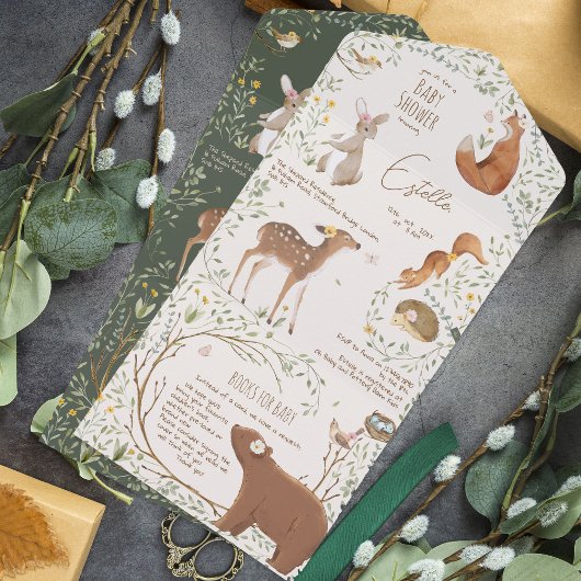 Invitation Tout En Un Woodland Animaux Forest Friends Baby showers Livre