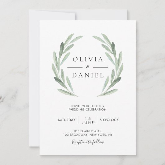 Invitation Tout en une aquarelle Mariage de la feuille d'oliv (Devant)