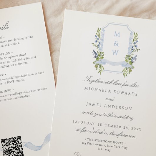 Invitation Tout en une aquarelle Régence Crest QR Mariage