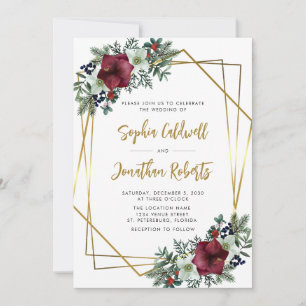 Invitation Tout en une Bourgogne Amaryllis Gold Floral Mariag