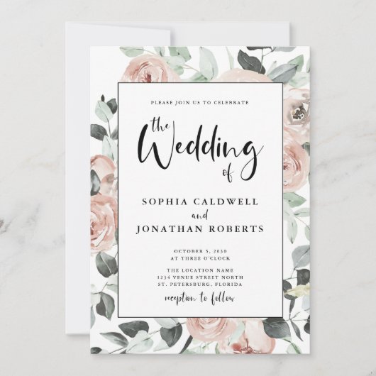 Invitation Tout en une calligraphie Dusty rose Roses Mariage (Devant)