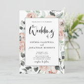 Invitation Tout en une calligraphie Dusty rose Roses Mariage (Debout devant)