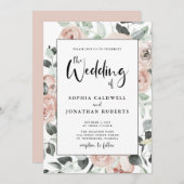 Invitation Tout en une calligraphie Dusty rose Roses Mariage (Devant / Derrière)