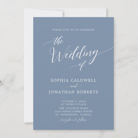 Invitation Tout en une calligraphie Mariage Dusty Blue tendan (Devant)