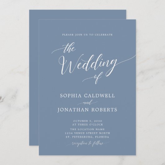 Invitation Tout en une calligraphie Mariage Dusty Blue tendan (Devant / Derrière)