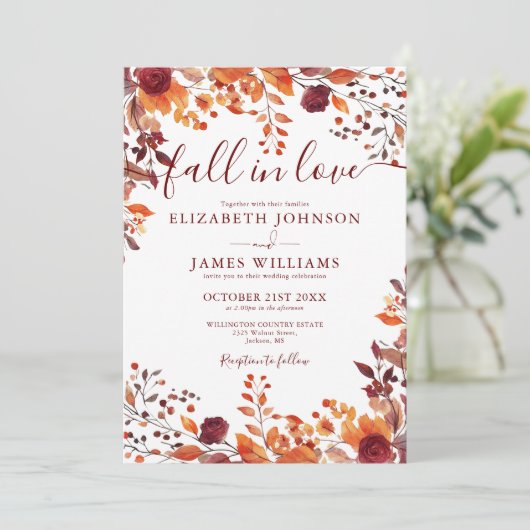 Invitation Tout En Une Chute De Bourgogne En Amour Mariage Fl (Debout devant)