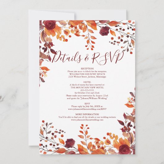 Invitation Tout En Une Chute De Bourgogne En Amour Mariage Fl (Dos)