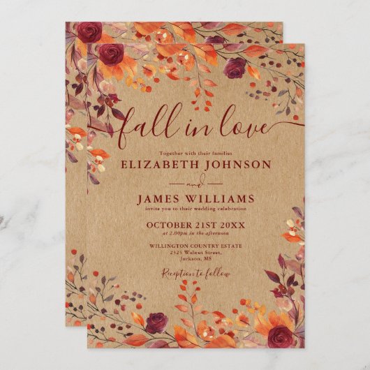 Invitation Tout En Une Chute Rustique En Amour Floral Mariage (Devant / Derrière)