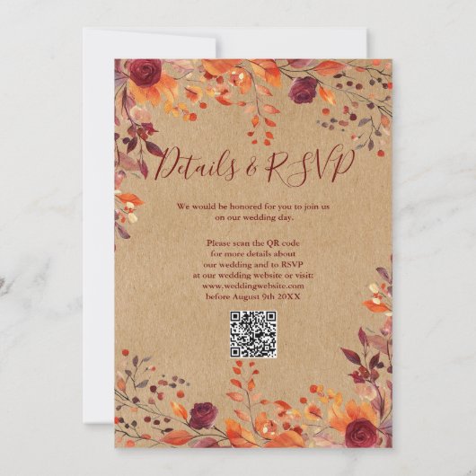 Invitation Tout en une chute rustique en amour QR Code Mariag (Dos)