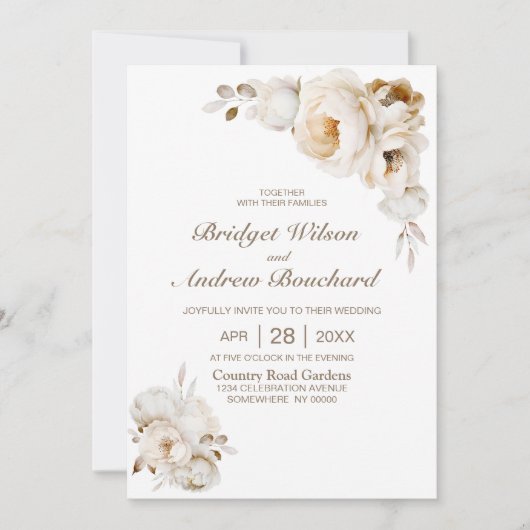 Invitation Tout en une Crème Rustique Mariage Floral (Devant)