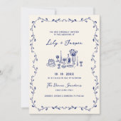 Invitation Tout en une main bleue dessinée QR Code Mariage (Devant)