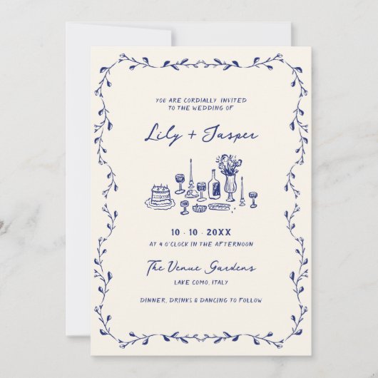 Invitation Tout en une main bleue dessinée QR Code Mariage (Devant)