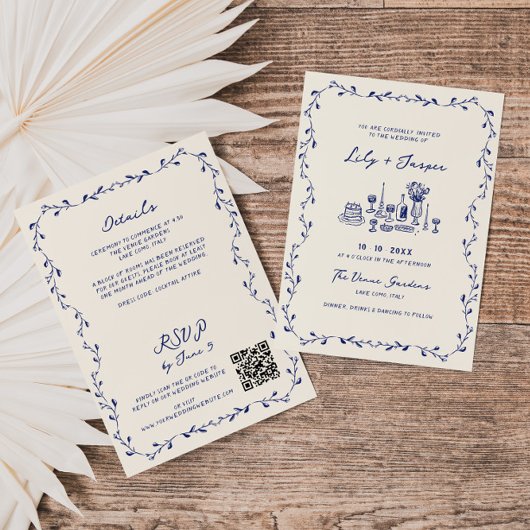 Invitation Tout en une main bleue dessinée QR Code Mariage