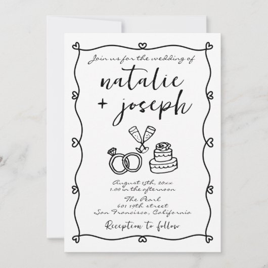 Invitation Tout en une main griffée dessinée Mariage écrit (Devant)