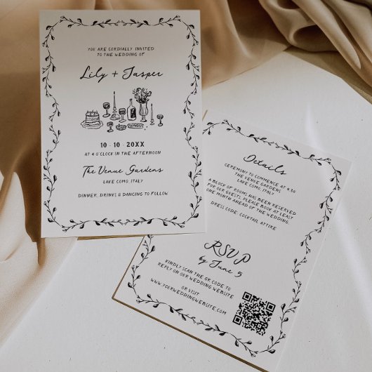 Invitation Tout en une main tiré Vins QR Code Mariage