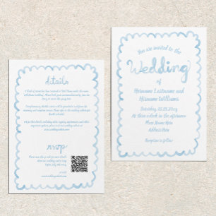Invitation Tout en une main titré bleu clair QR Mariage RSVP