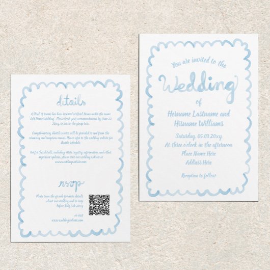 Invitation Tout en une main titré bleu clair QR Mariage RSVP