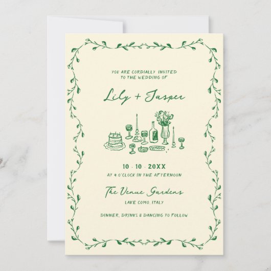 Invitation Tout en une main verte dessinée Mariage de code QR (Devant)