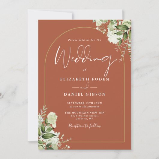 Invitation Tout en une Terracotta Greenery Arch Mariage photo (Devant)