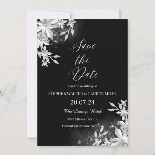 Invitation Tout Floral Noir Enregistrer Le Mariage Date (Devant)
