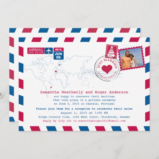 Invitation Tout juste mariés | Courrier aérien Portugal Récep (Devant / Derrière)