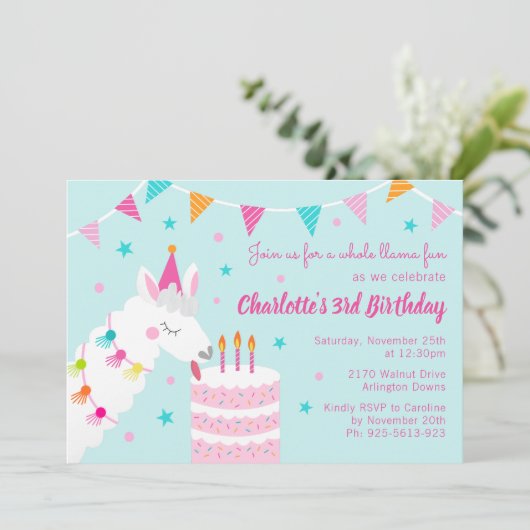 Invitation Tout Llama Fun Cake 3ème Anniversaire Aqua (Debout devant)
