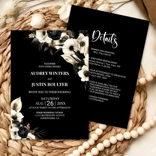 Invitation Tout moderne en un Mariage Floral noir et blanc