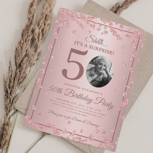 Invitation Tout Rose Gold SURPRISE Photo 50e Anniversaire Gla