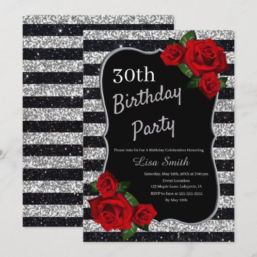 Invitation Tout rose rouge d'argent d'anniversaire d'âge et (Devant / Derrière)