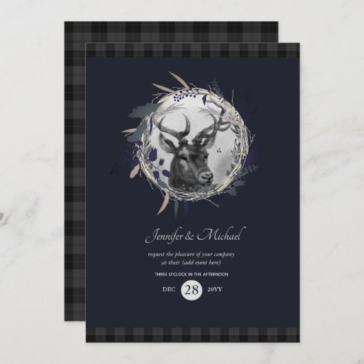 Invitation TOUT - Tartan Gris Bleu avec Cerf d'Hiv (Devant / Derrière)