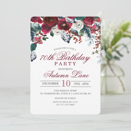 Invitation TOUTE AGE Bourgogne Floral Winter Birthday Invitat (Debout devant)