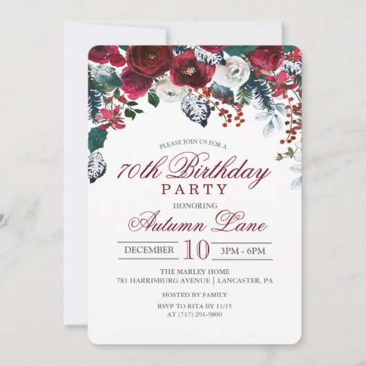 Invitation TOUTE AGE Bourgogne Floral Winter Birthday Invitat (Devant)