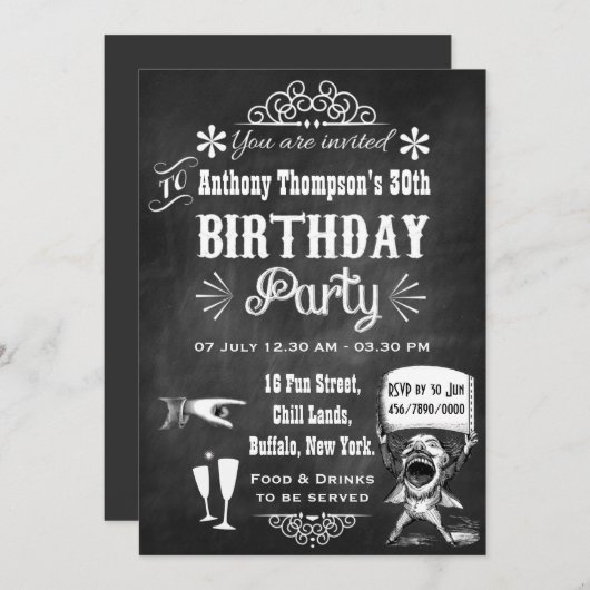 Invitation TOUTE AGE Chalkboard Rétro Anniversaire (Devant / Derrière)