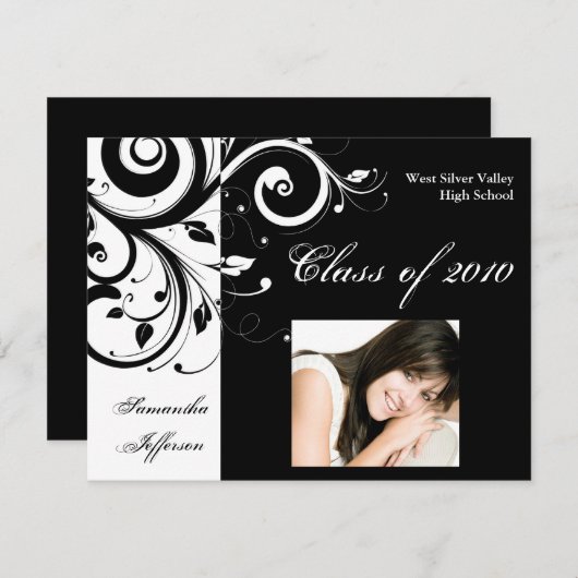 Invitation Toute année~ Black/White Swirl Photo Graduation (Devant / Derrière)