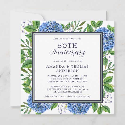Invitation Toute année Blue Hydrangea 50e anniversaire de Mar (Devant)