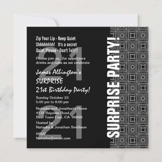 Invitation Toute année Surprise Anniversaire Moderne Black Wh (Devant)