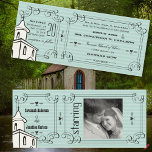 Invitation Toute couleur Romantique Chapelle Billet Mariage P<br><div class="desc">Retro Cottagecore Ticket Style Vintage Moderne romantique, Nous allons à la Chapelle, Nous allons obtenir Marié Pastel Muted Mint et Blanc Religieux Christian Church Mariage ou Las Vegas Style Nous avons Eloped Chapel Mariage Carte photo. Las Vegas Style Billet Retro Vintage Romantique pâle Dusty Vert Vintage Cottagcore Esthétique Religieux Chrétien...</div>