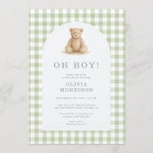 Invitation Toute en une Fête de Bébé Garçon Ours Sage Gingham (Devant)