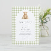 Invitation Toute en une Fête de Bébé Garçon Ours Sage Gingham (Debout devant)
