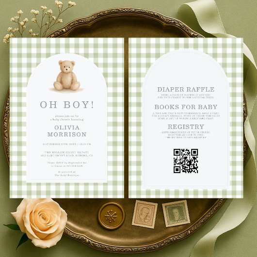 Invitation Toute en une Fête de Bébé Garçon Ours Sage Gingham